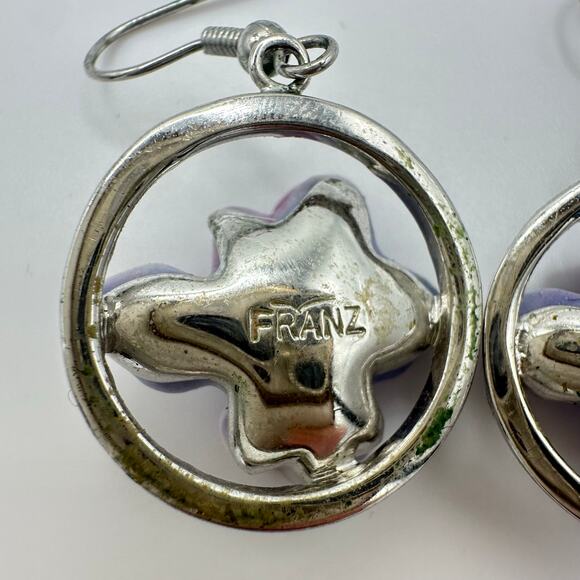 Franz Y2K Art Nouveau Revival purple porcelain iris flowers rhinestones earrings - Picture 6 of 8